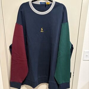 Classic Navy Colorblock Crewneck Sweater with Burgundy and Forest Green Sleeves